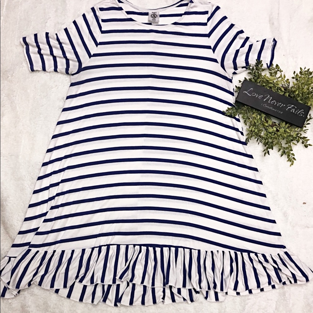 Agnes and Dora Blue and White Striped Ruffle Top